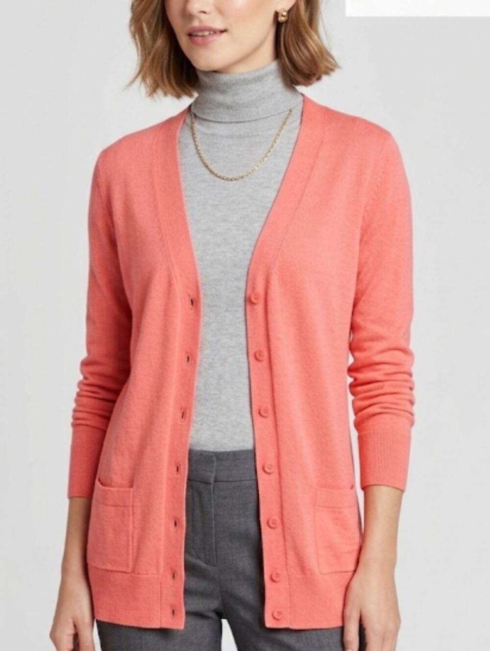 Halogen Coral Pink Merino Wool Blend V-Neck Button Cardigan Sweater Small